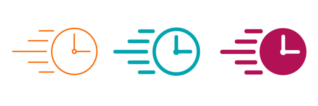 Three fast clocks in different colors indicating speed and time passing quickly