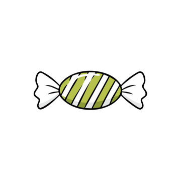 Striped green hard candy unwrapped with twisted ends, simple vector illustration