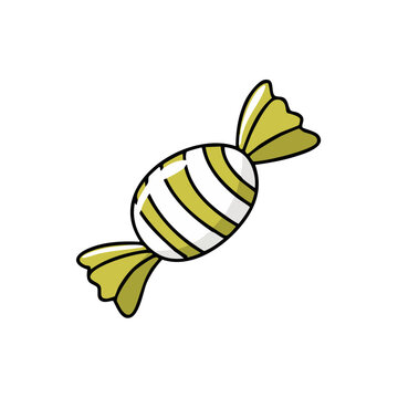 Striped Hard Candy Wrapped in Yellow Foil Isolated on White Background