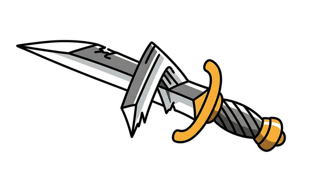 Stylized sword with cracked blade orange handle isolated on a transparent background, stylized fantasy broken edge