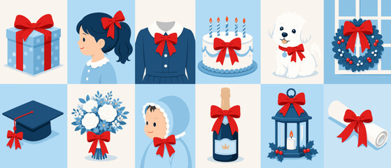 Fototapeta premium Collection of festive and celebratory items adorned with red bows