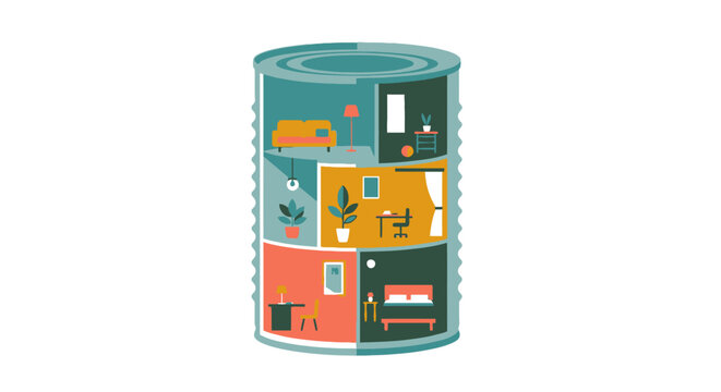Conceptual illustration of a multi-story home inside a tin can.