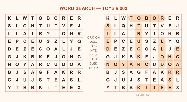 Hidden Words Puzzle Vector Toys Collection Number 003 Printable Educational Activity with Soft Color Highlights