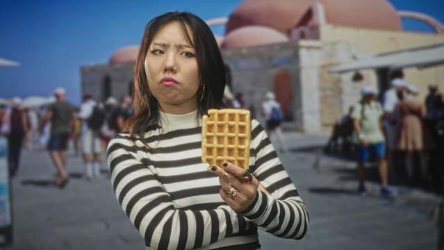 Woman in black and white striped top holding a waffle, pouting lips and crossed arms, looking sideways amid a crowded tourist street with domed building; disappointment.