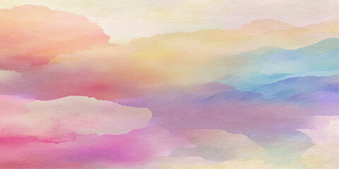 A watercolor painting of soft, pastel-colored clouds drift across the sky, evoking a sense of dreamy serenity and gentle beauty. © jaduuu