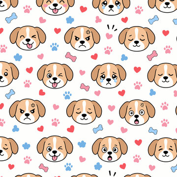 Cute dog faces with various emotions in a repeating pattern with hearts and paws