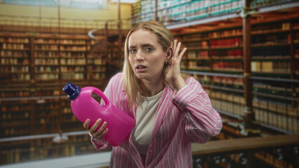 Fototapeta premium Woman holding pink detergent bottle cupping her ear inside a building library among shelves and books, studying the product label; disgust.
