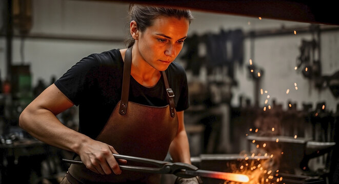 Female blacksmith heating steel in her workshop, sparks erupting from glowing metal held with tongs. Focused female blacksmith heating steel shows immense skill, dedication.