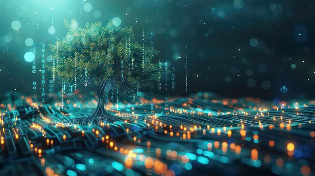 Digital tree with binary code growing on a circuit board.