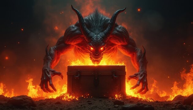 Demonic creature with horns opens fiery chest. Terrifying monster in flames on dark background. Evil entity glows with hellish light, preparing for sinister action.