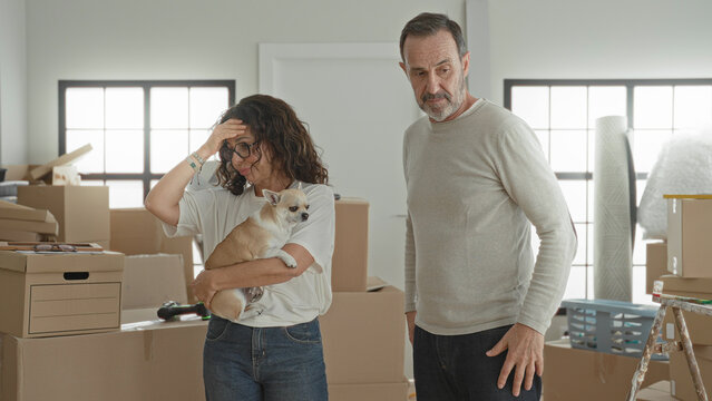 Middle aged couple holds small dog and gestures with hands among stacked cardboard boxes and moving supplies in building; concern teamwork.