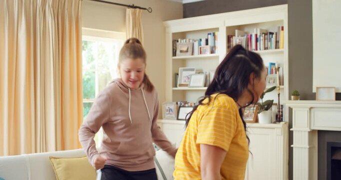 Happy, sisters and energy with dancing in home for weekend bonding, fun performance or support. Family, girls and rhythm with movement in house for feel good playlist, groove song and entertainment
