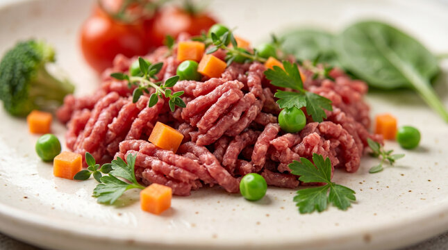 Fresh raw ground beef mince garnished with green peas, carrot cubes, cherry tomatoes, and fresh herbs on a ceramic plate, close-up