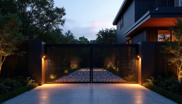 Modern black gate with intricate laser cut panels, soft LED lighting welcomes to luxury house at dusk. Illuminated pathway leads to dark elegant home exterior with minimal landscape design, creating