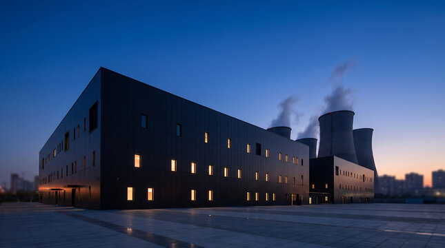 Modern data center campus with dark exterior, illuminated windows, and cooling towers emitting steam against a twilight sky in an urban environment