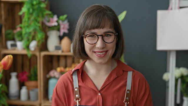 Woman florist smiling at camera wearing apron and glasses among vases and plants in a studio; welcoming warmth.