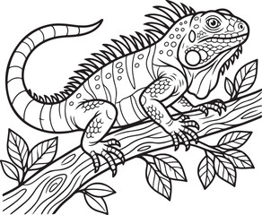Obraz premium Iguana coloring page, lizard line art, reptile vector illustration, children educational activity, printable animal drawing, black white outline, kids coloring book, simple reptile sketch, tropical