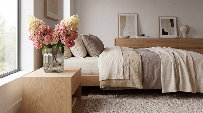 Serene Quiet Luxury Bedroom Interior with Gradient Pink Hydrangea in Glass Vase on Oak Nightstand