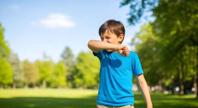Young boy sneezing into his elbow in a sunny park outdoors