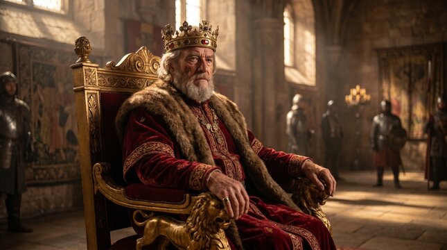 Majestic elderly king with a flowing white beard wears an ornate golden crown and regal crimson velvet robes while sitting firmly upon a carved wooden throne inside a grand medieval castle hall during