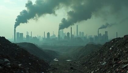 Fototapeta premium Industrial skyline with smog emitting from factories and a large landfill in foreground. Urban pollution contrasts with modern city buildings.