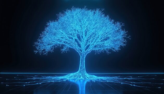 Glowing blue wireframe tree with intricate branches and roots on a dark background. Its digital form suggests growth and connection in a virtual world. The abstract nature hints at advanced tech.
