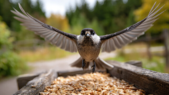 Gray jay flying with wings spread, hovering over a wooden smart bird feeder, detecting and identifying feeding wildlife in a backyard garden