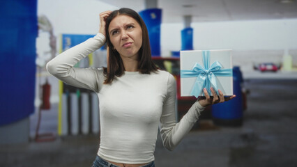 Woman holding a pale blue ribboned gift box scratches her head and squints at the package in a gas station building by fuel pumps and a parked car  confusion. © Krakenimages.com