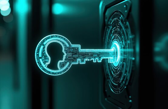 Digital key with human head profile inserts into glowing futuristic lock. Access granted via smart tech system. Secure personal data login. Identity verification.