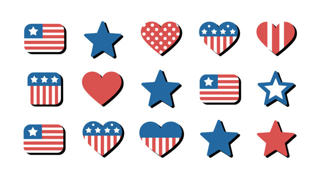 Patriotic collection of red white and blue stars hearts and flag icons featuring various stylized shapes arranged in a clean grid for holiday celebrations and national themed design projects today