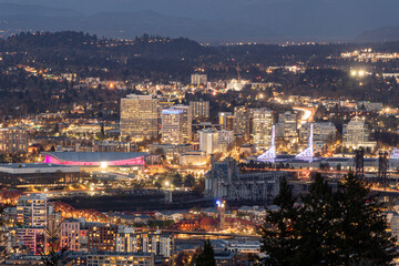 Fototapeta premium Aerial view of downtown Portland at night - Portland, Oregon, USA