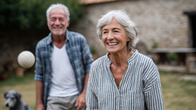 Joyful Seniors Playing Catch with Dog Backyard Fun