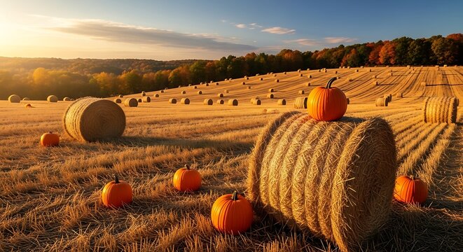 Golden Hay Bales Stacked in Rural Field During Autumn Harvest at Sunrise