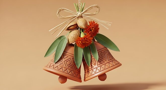 Rustic terracotta bells decorated with almonds and orange flowers