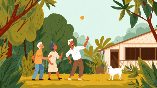 Happy Elderly Family Playing Catch Backyard Joyful Faces