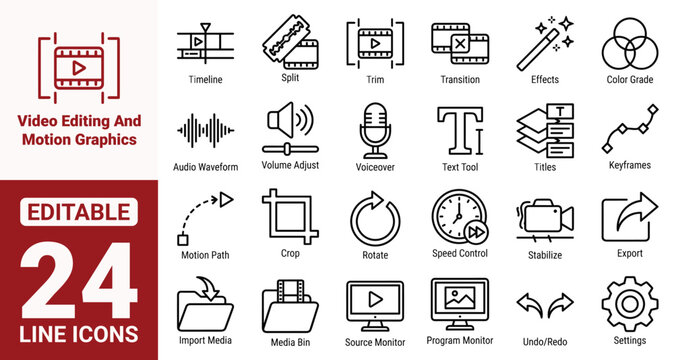 Video Editing and Motion Graphics Thin Line Icon Set. Vector Outline Icons for Post Production, Software Tools, Timeline, Keyframes, Color Grading, and Media Export.