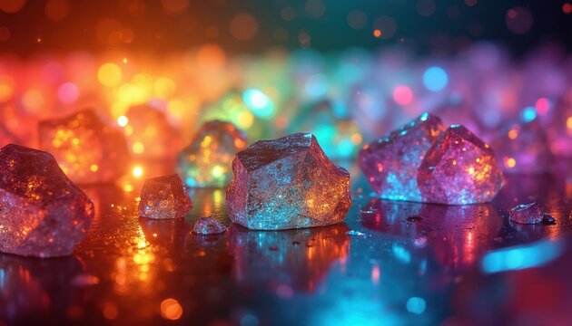 Close-up macro shot of raw colorful crystal gems sparkling with inner light. Irregular faceted stones glow with vibrant orange, pink, blue, and yellow hues on dark reflective surface.