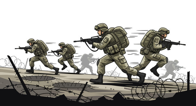 Soldiers in combat gear advancing forward.