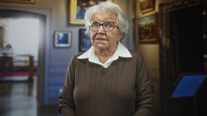 Elderly woman wearing glasses stands looking to the side near framed paintings and a display kiosk in an art museum building quiet contemplation. © Krakenimages.com