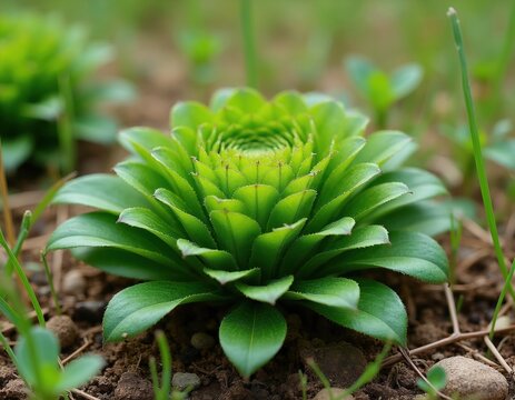 Green woad plant rosette, Isatis tinctoria, grows in soil with sparse grass. Broad leaves form dense cluster outdoors in natural setting. This historic dye plant shows off rich green growth.