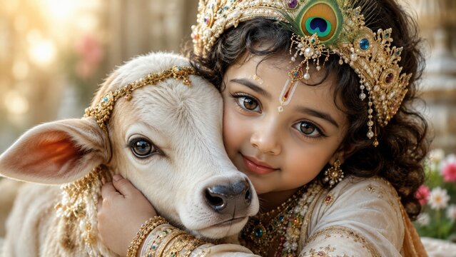 ute Baby Krishna Hugging Sacred Calf &ndash; Hindu Spirituality, Compassion and Divine Childhood Portrait