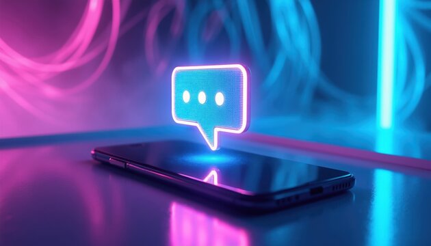 Modern smartphone displays chat bubble icon glowing neon. Abstract background swirls with blue pink light. Digital communication tech concept, futuristic message interface.