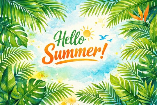 Vibrant tropical summer greeting with lush foliage.