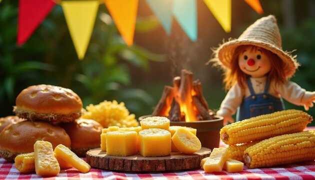 Outdoor table setup for june festival food. Cornbread and corn on cob near bonfire. Colorful flags and scarecrow figure add festive atmosphere.