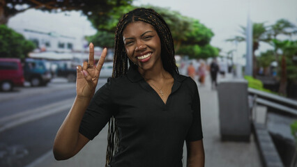 Fototapeta premium Woman smiling with hands framing chin and flashing a peace sign on a busy city street; joyful confidence.