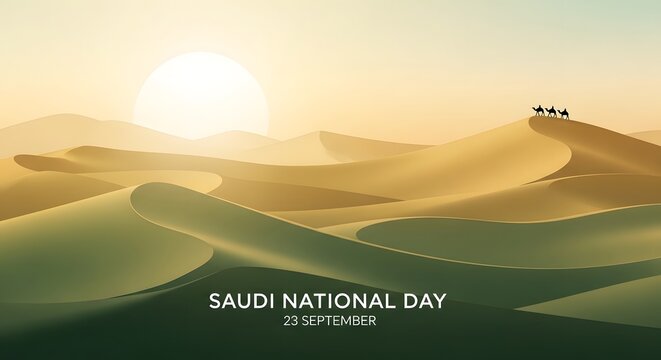 Saudi National Day 23 September Banner with Desert Sand Dunes and Sun