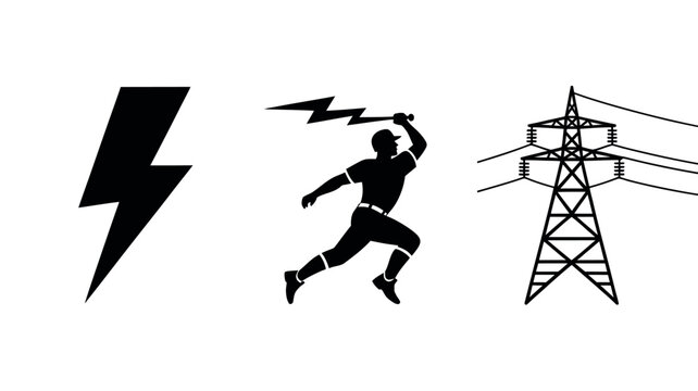 This creative graphic design image features a collection of minimalist black icons including a sharp lightning bolt a baseball player swinging a bat and a tall electrical transmission power tower.