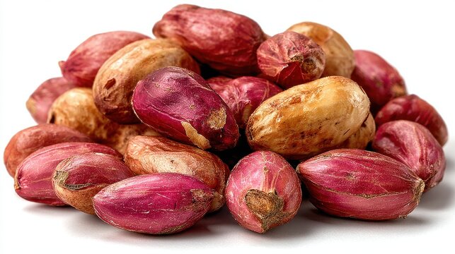 Pile of shelled peanuts isolated on white background, healthy snack rich in protein and fiber, nutritious legume for cooking and eating