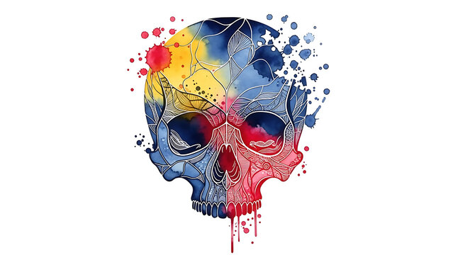 Broken skull with bloodstream isolated on a transparent background, fractured artistic vivid colors