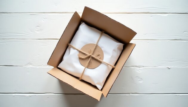 Cardboard box with item wrapped in white paper tied with twine. Tag attached on gift package. Opened parcel on white wood table. Surprise unboxing.